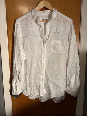 White Linen-Blend Button-Up Shirt with Multicolor Rainbow Hearts